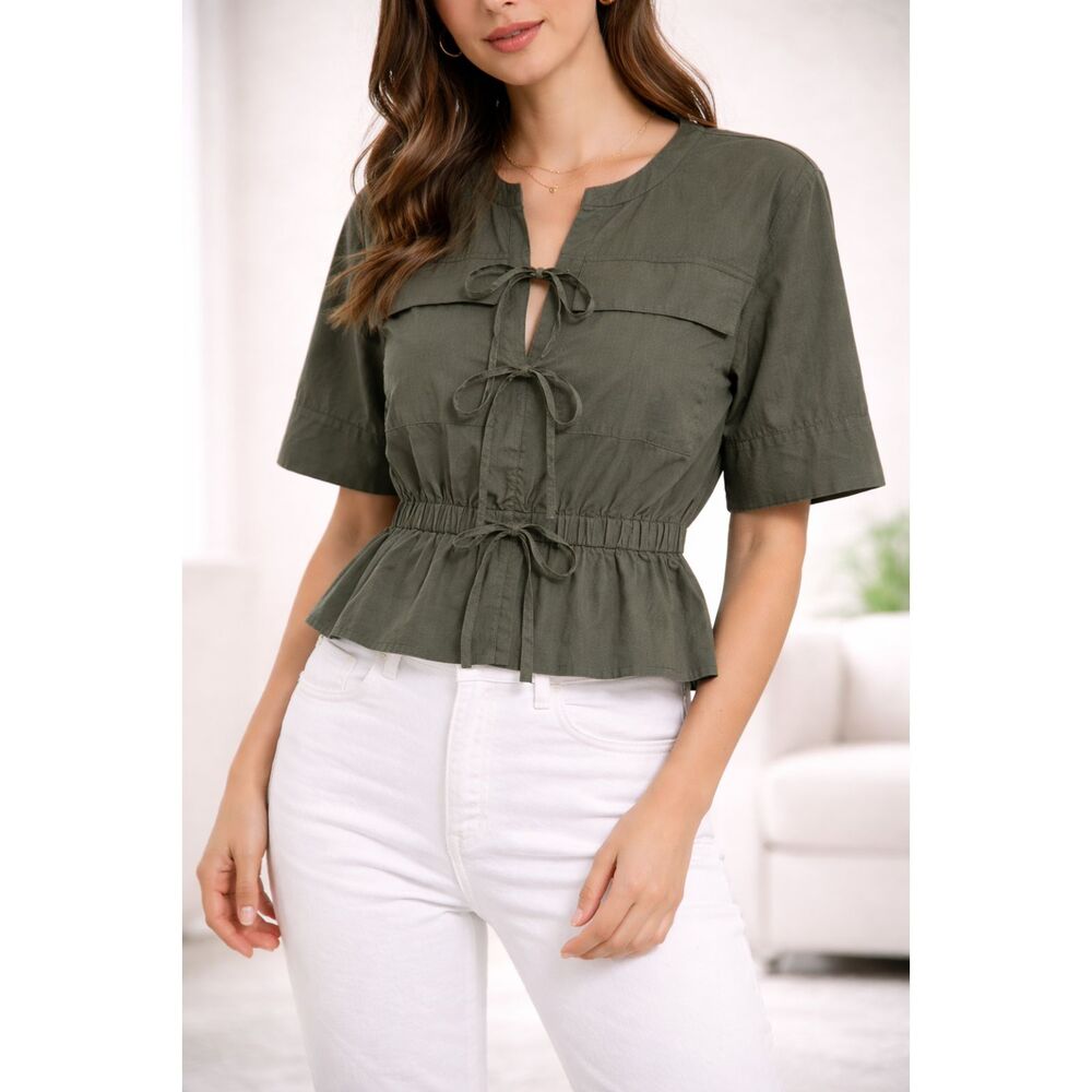 LOFT Olive Green Tie Front Peplum Blouse Cropped Utility Top Short Sleeve S